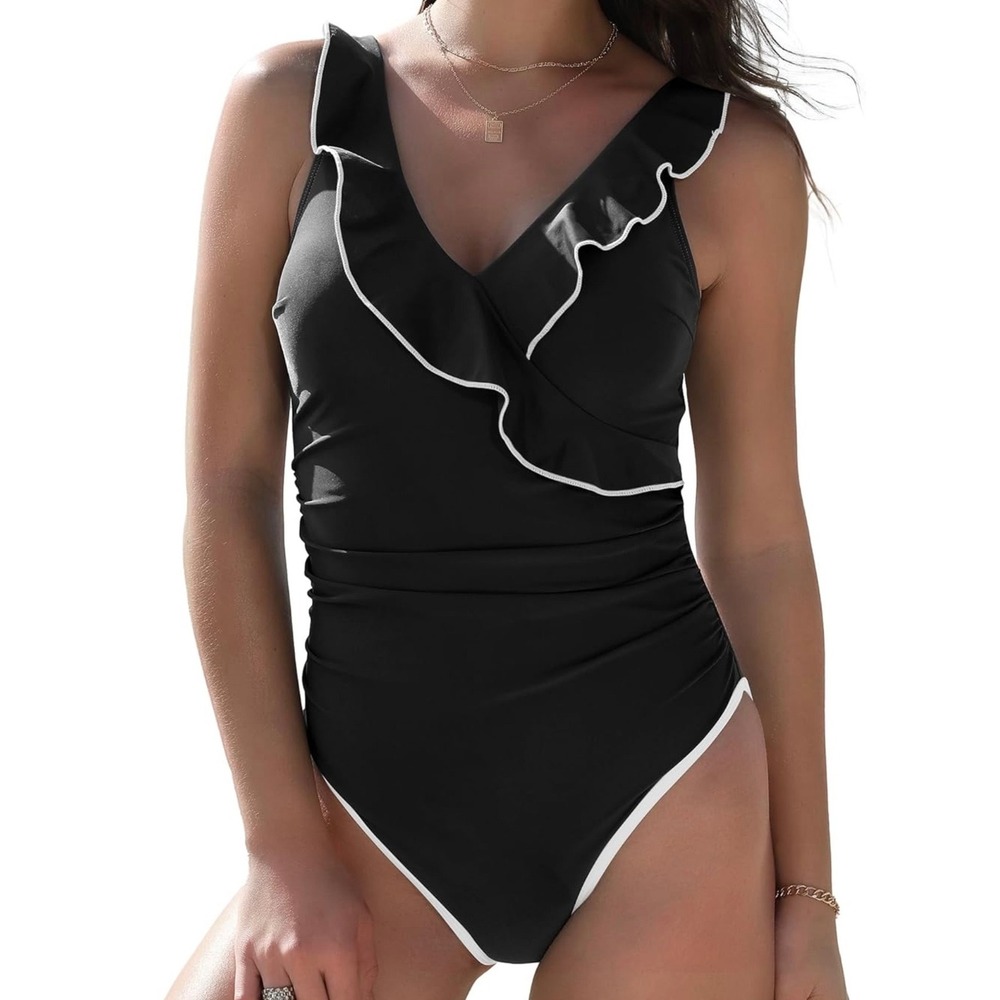 Womens Black Ruffle V-Neck One Piece Swimsuit Ruched Tummy Control Monokini NWT